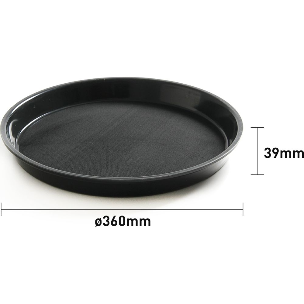 Teglia rotonda nera, diametro 360 mm e altezza 39 mm.