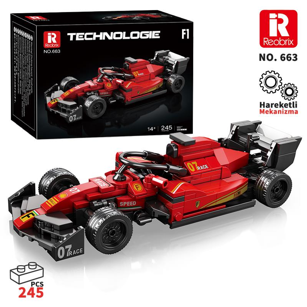 Yanında 07 numarası bulunan kırmızı bir F1 yarış arabası yapım seti.