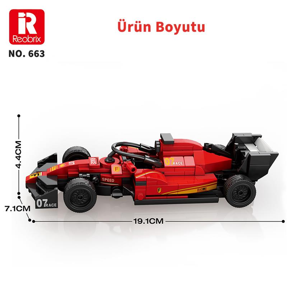 Kırmızı ve siyah yarış arabası modeli, 19,1 cm uzun, 7,1 cm geniş, 4,4 cm yüksek.