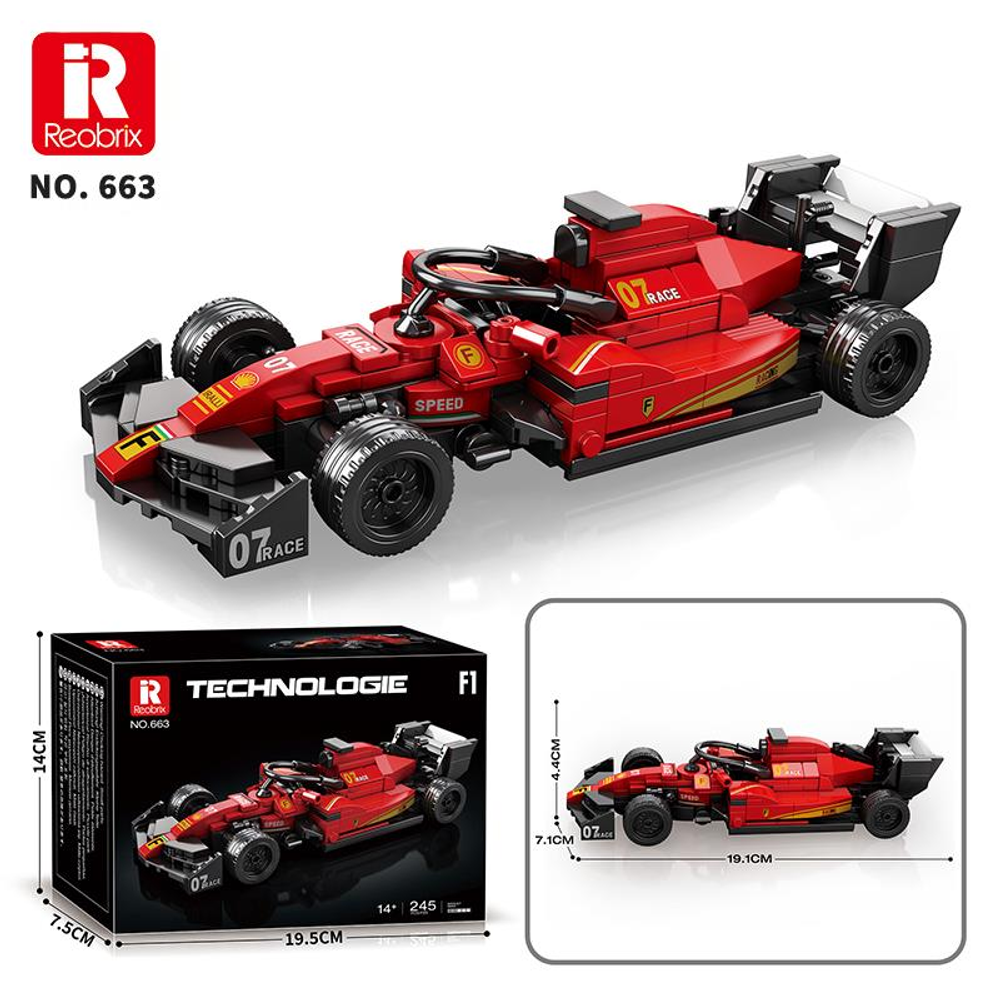 Detaylı logolar ve boyutları gösterilen kırmızı F1 yarış arabası modeli.