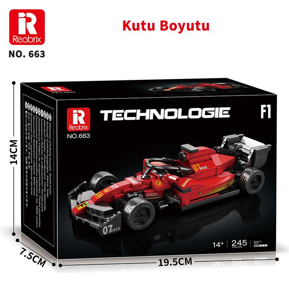 Kırmızı F1 yarış arabası yapım kiti kutusu uyarılar ve boyutlar ile.