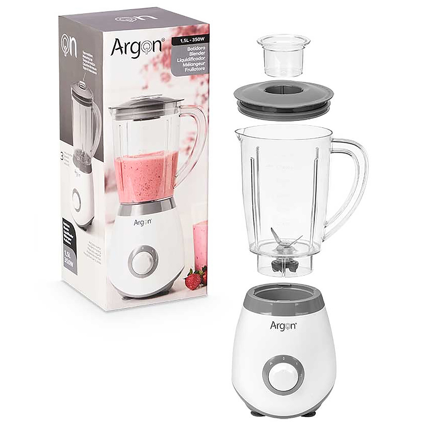 Ein weißer Argon-Standmixer mit einem transparenten Krug und Beeren-Smoothie.