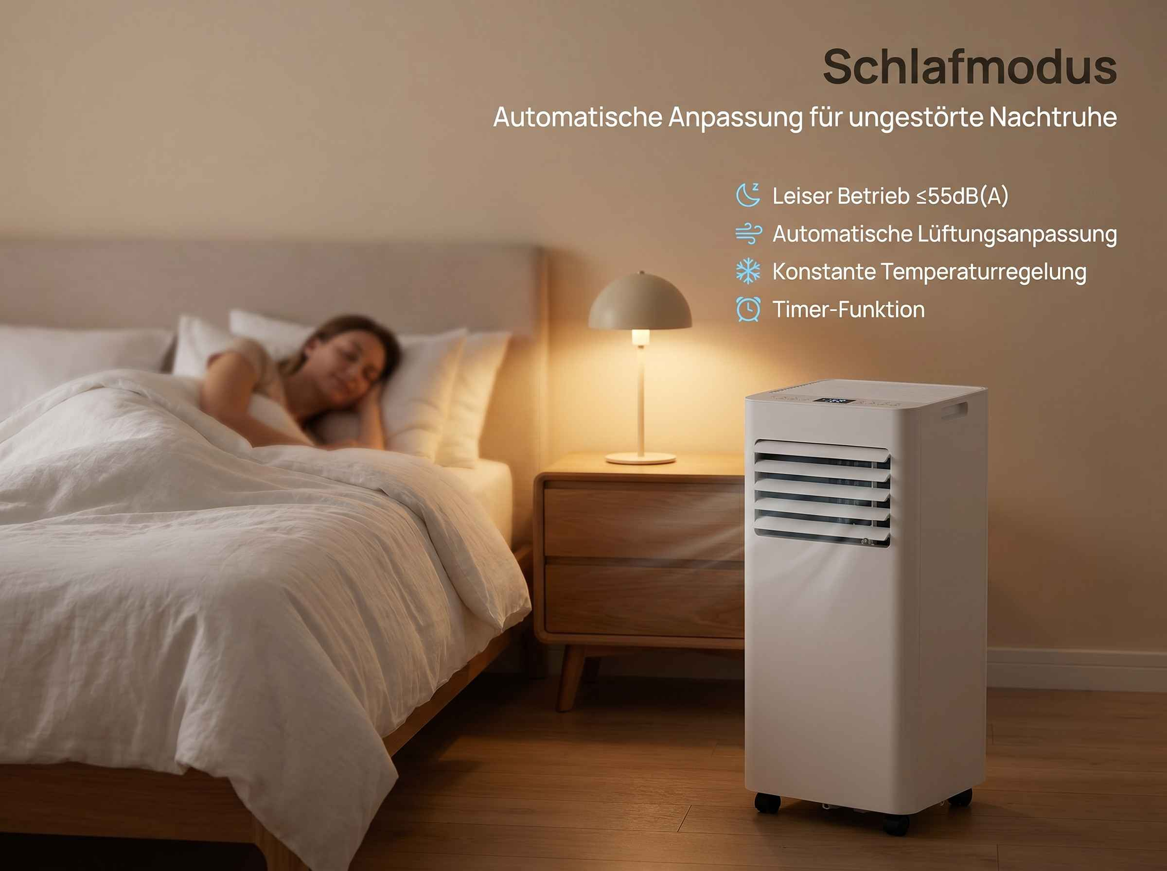 Schlafmodus: Leiser Betrieb, Lüftungsanpassung, Temperaturregelung, Timer.