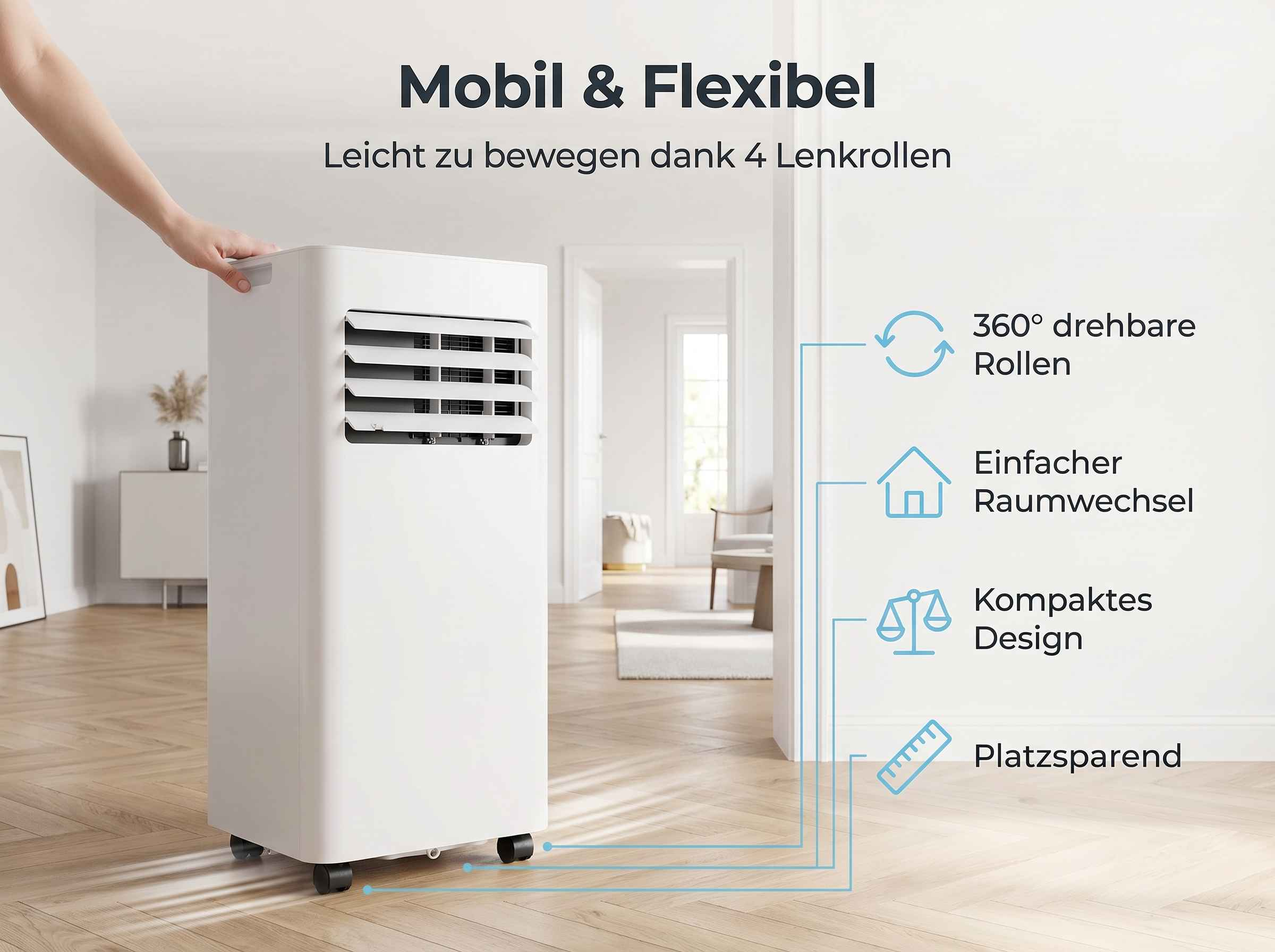 Ein weißes Klimagerät auf Rollen mit Lüftungsschlitzen, von einer Hand gehalten.