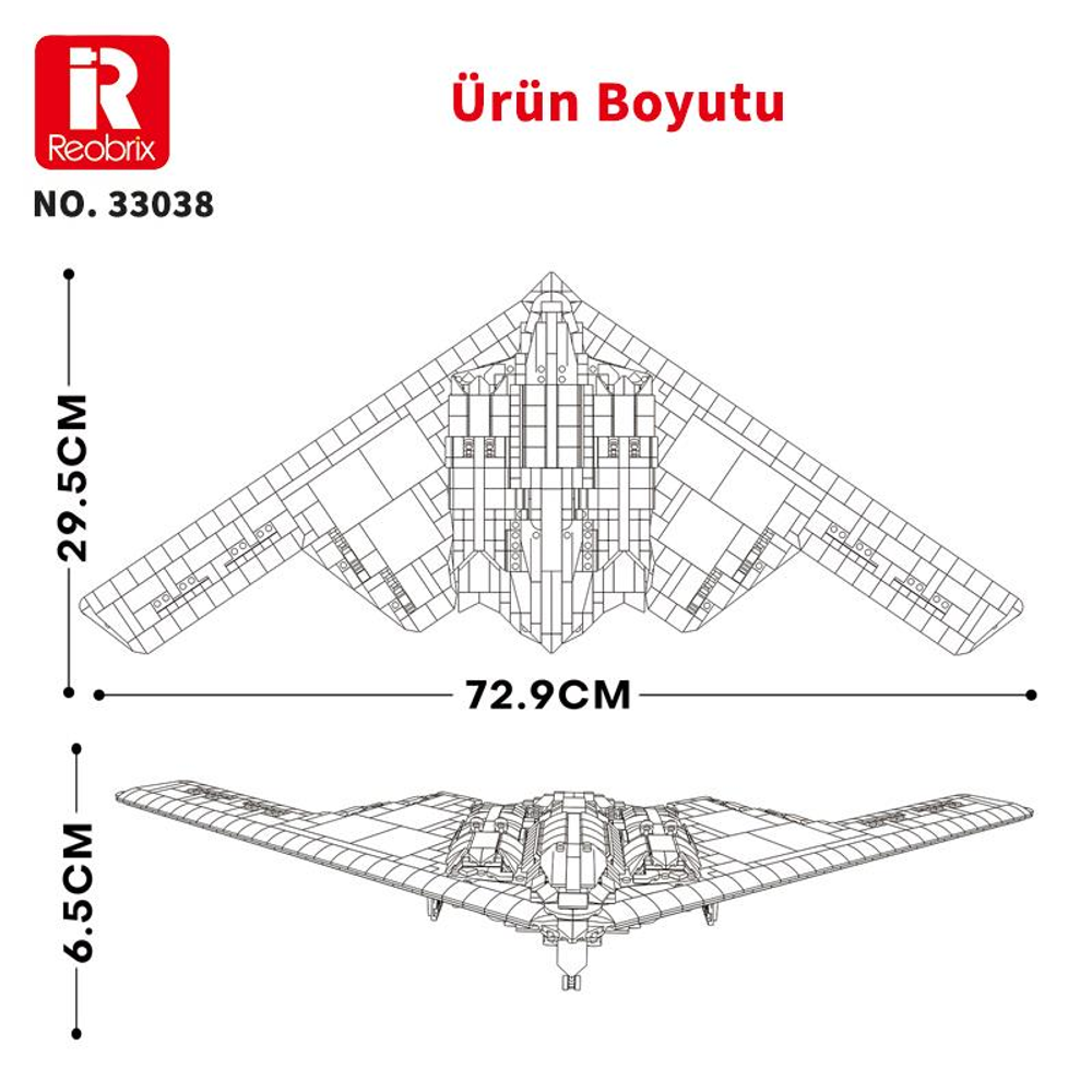 72,9 cm x 29,5 cm x 6,5 cm boyutlarında bir hayalet bombardıman uçağının teknik çizimi.