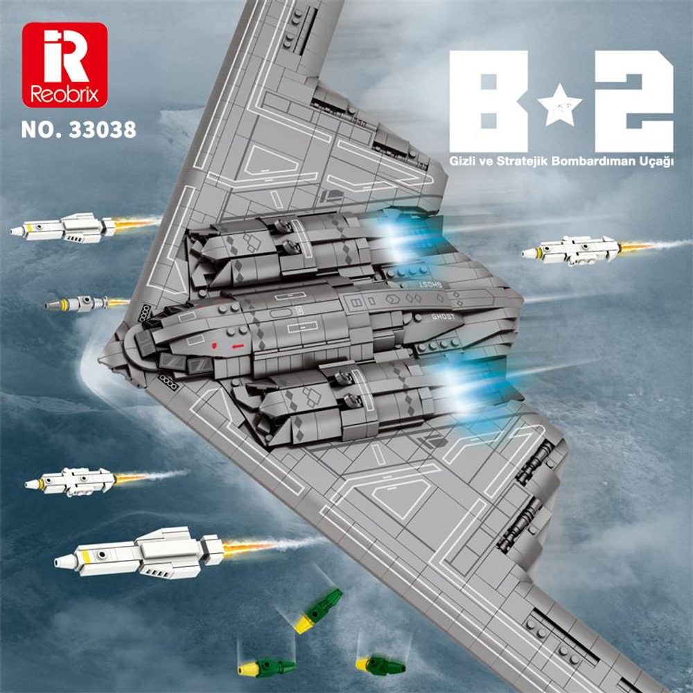 Roket ve bombalı gri Lego tarzı B-2 bombardıman uçağı modeli.