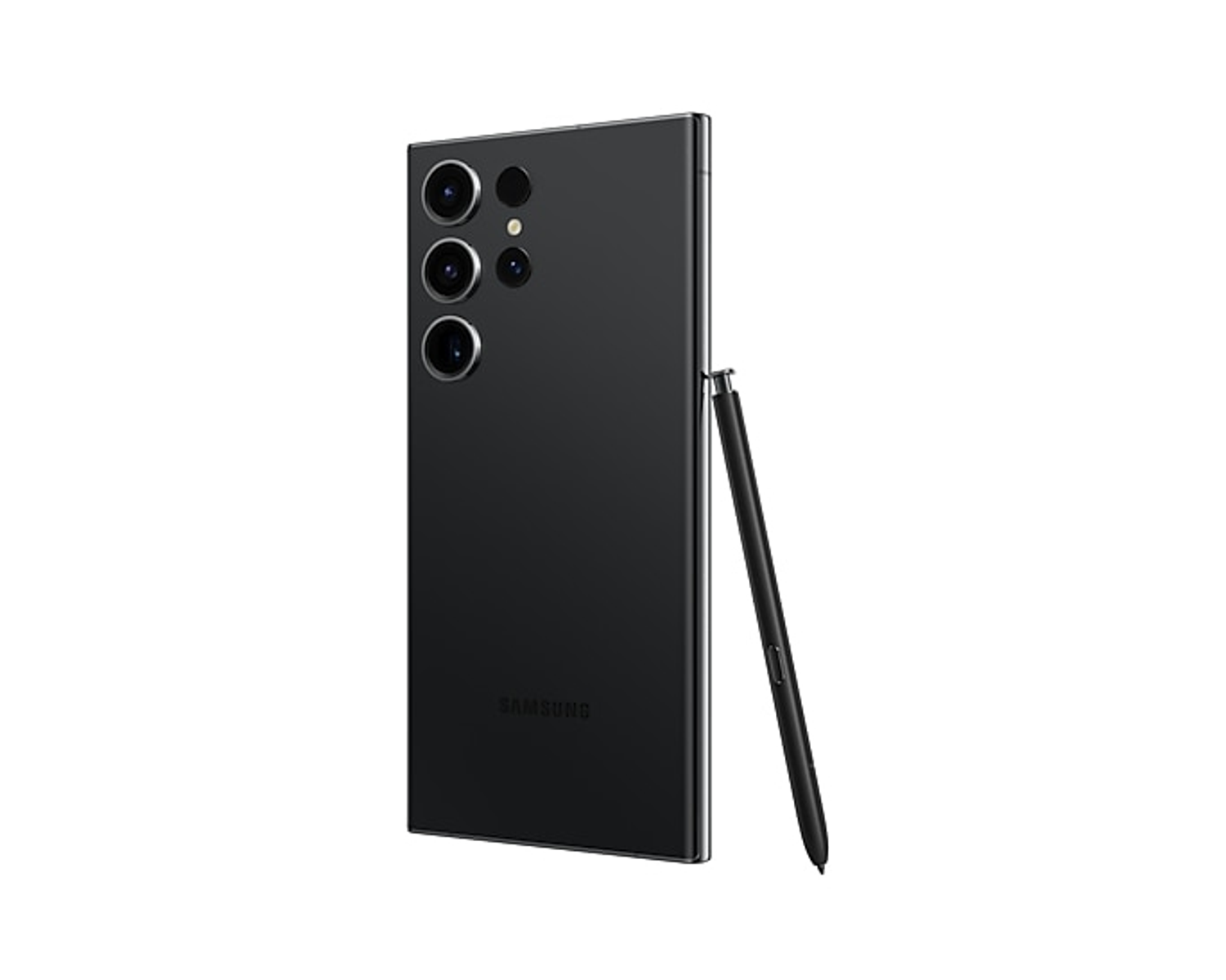 Czarny telefon Samsung z rysikiem S Pen, pokazujący obiektywy i logo Samsung.