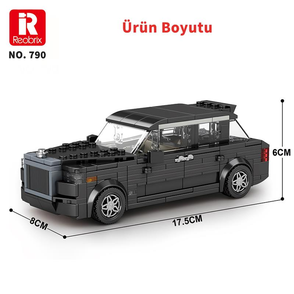 17,5 cm x 8 cm x 6 cm ölçülerinde siyah Lego araba.