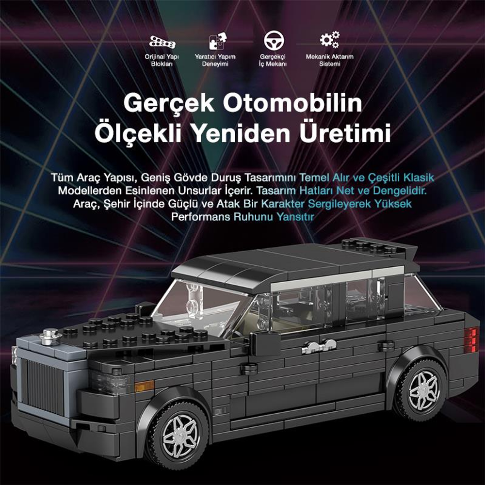 Klasik bir modele benzeyen siyah, tuğladan yapılmış bir araba ön plandadır.