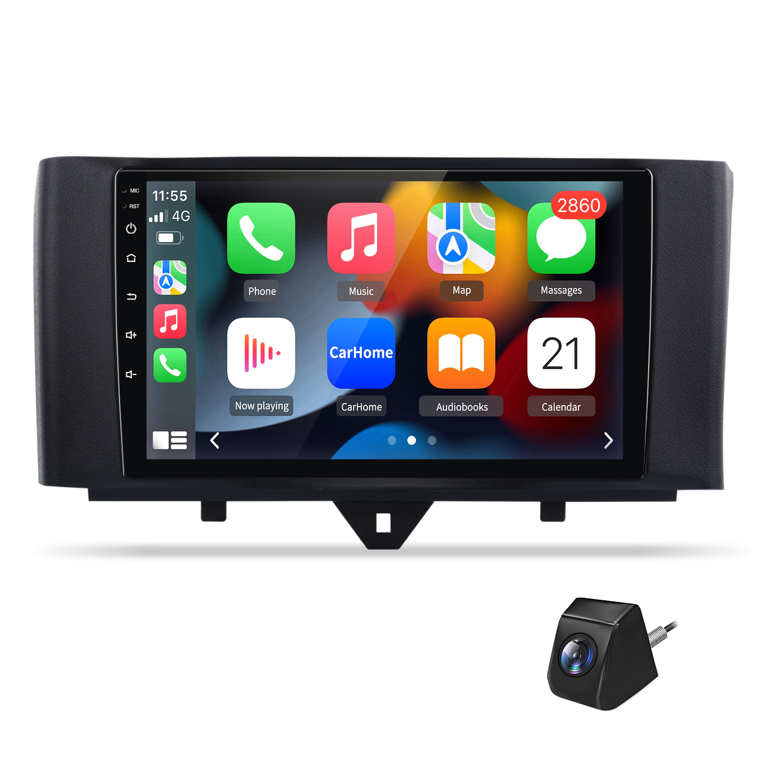 Ein Autoradio-Bildschirm mit Apps und eine Rückfahrkamera.