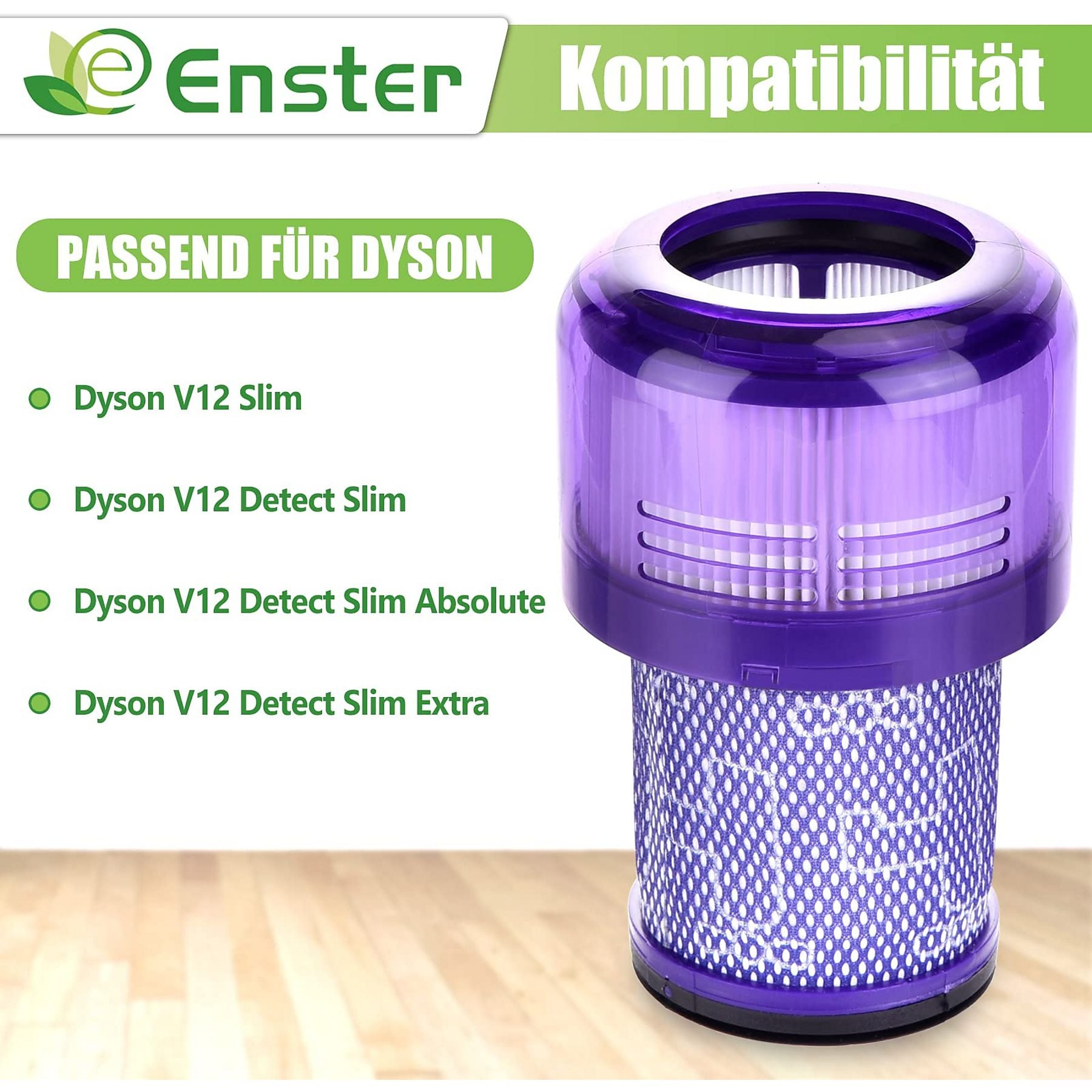 Ein violetter Dyson V12 Staubsaugerfilter mit weißem Muster auf Holz.