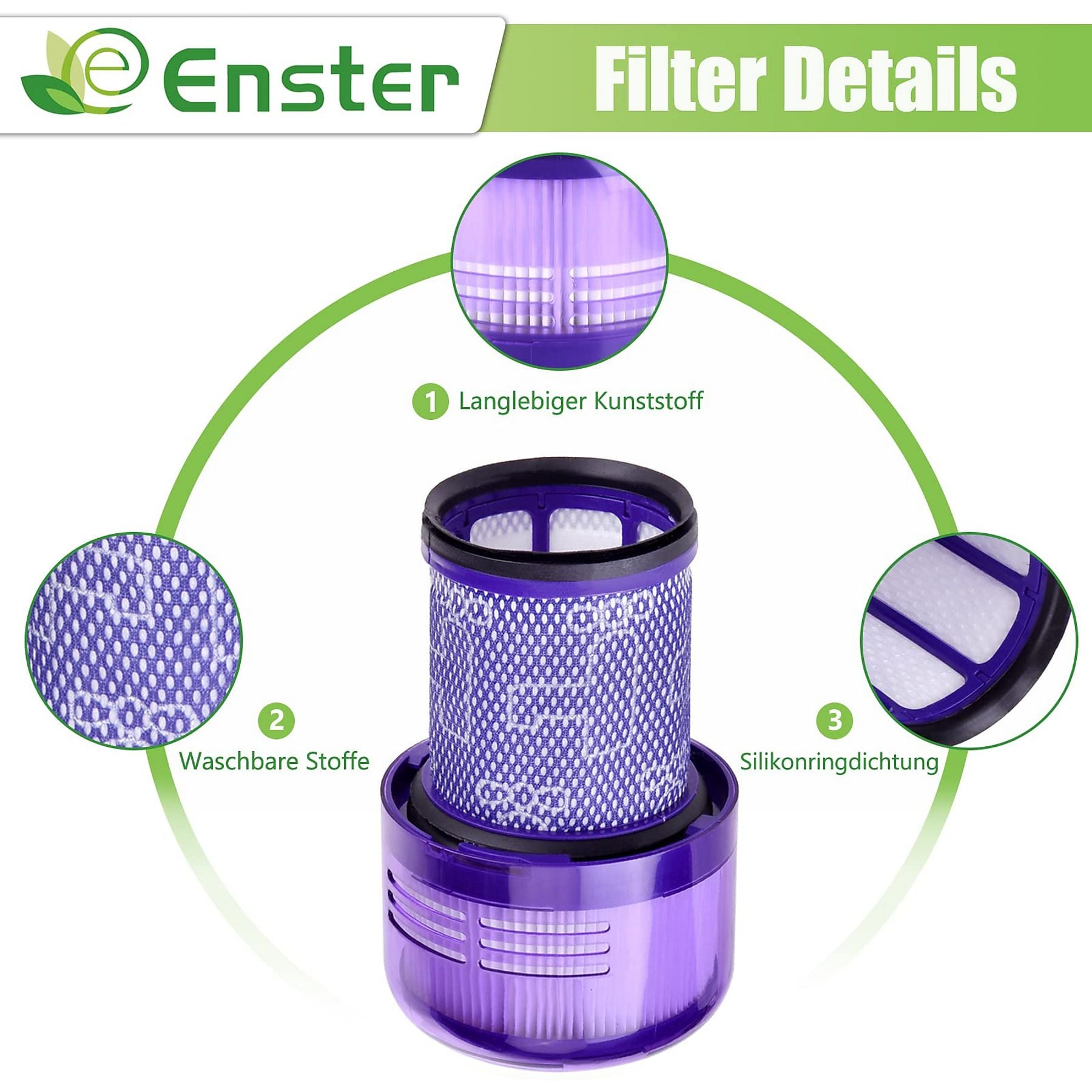Ein violetter Staubsaugerfilter mit Details und Beschriftungen.
