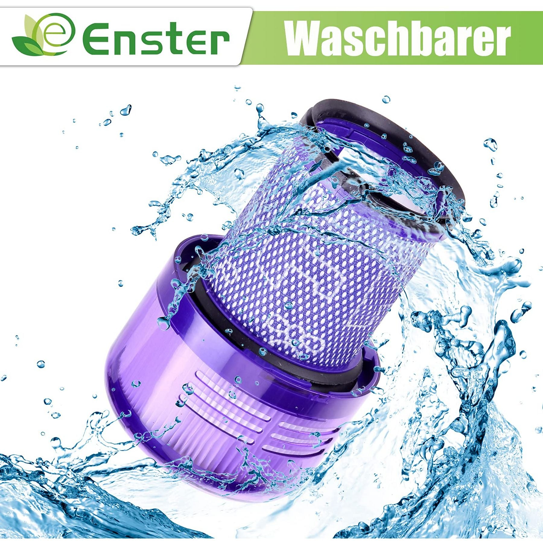 Ein violetter waschbarer Staubsaugerfilter spritzt mit Wasser.