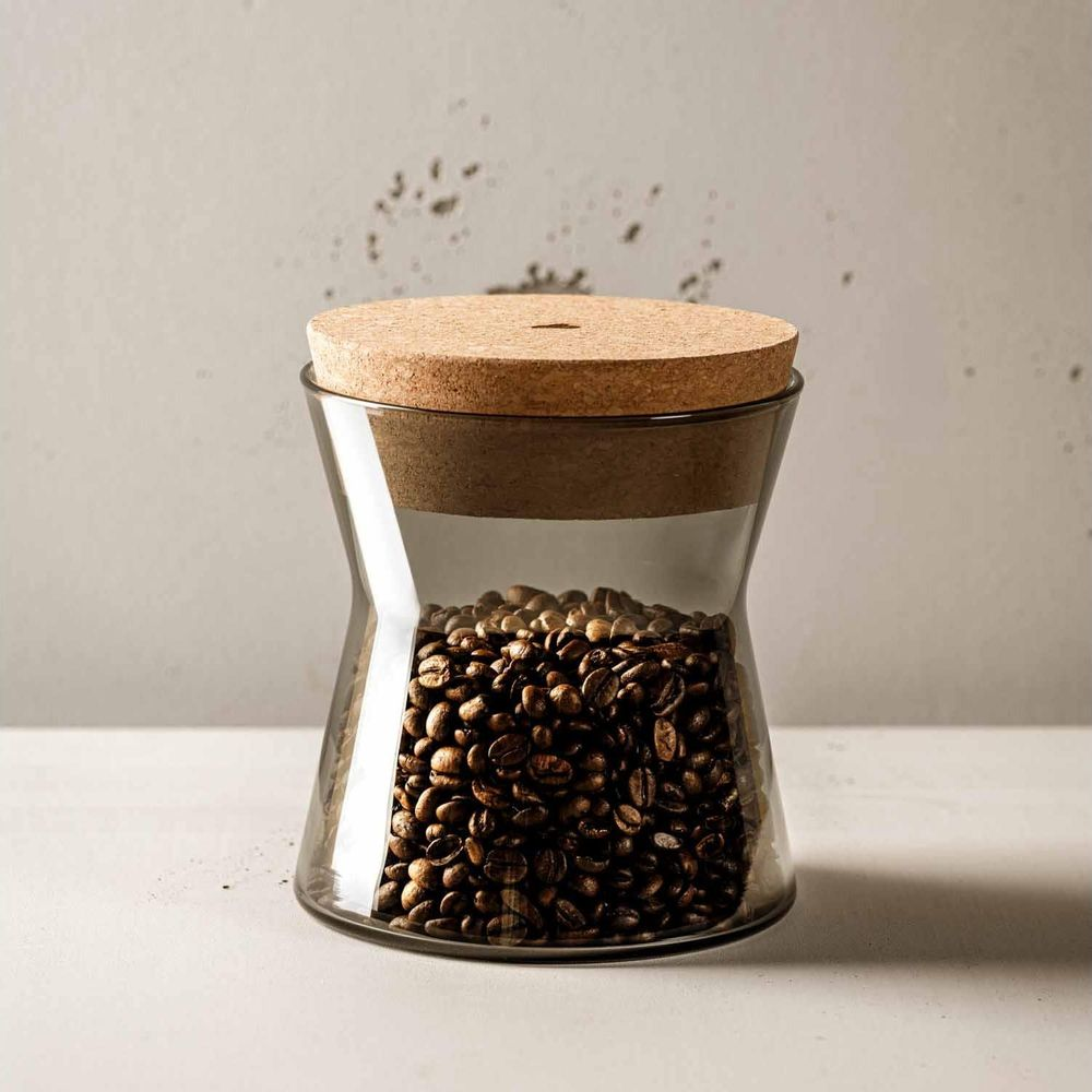 Glasbehälter mit gerösteten Kaffeebohnen und Korkverschluss.