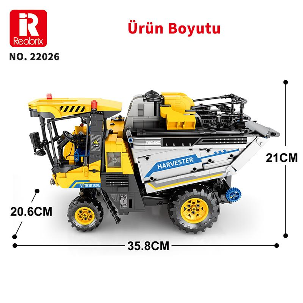 Sarı ve beyaz biçerdöver oyuncak model, boyutlar 35,8cm U, 20,6cm G, 21cm Y.