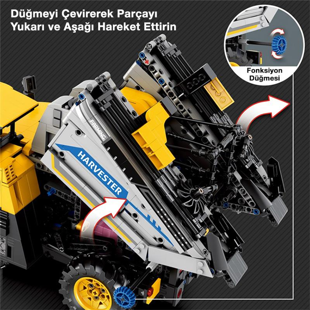 Hareketli parçalı ve fonksiyon düğmeli sarı ve gri Lego biçerdöver.