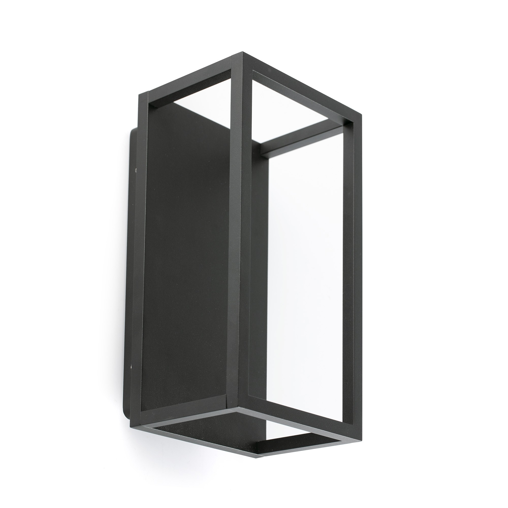 Lampada da parete moderna nera con cornice rettangolare, emette luce verso l'alto e verso il basso.