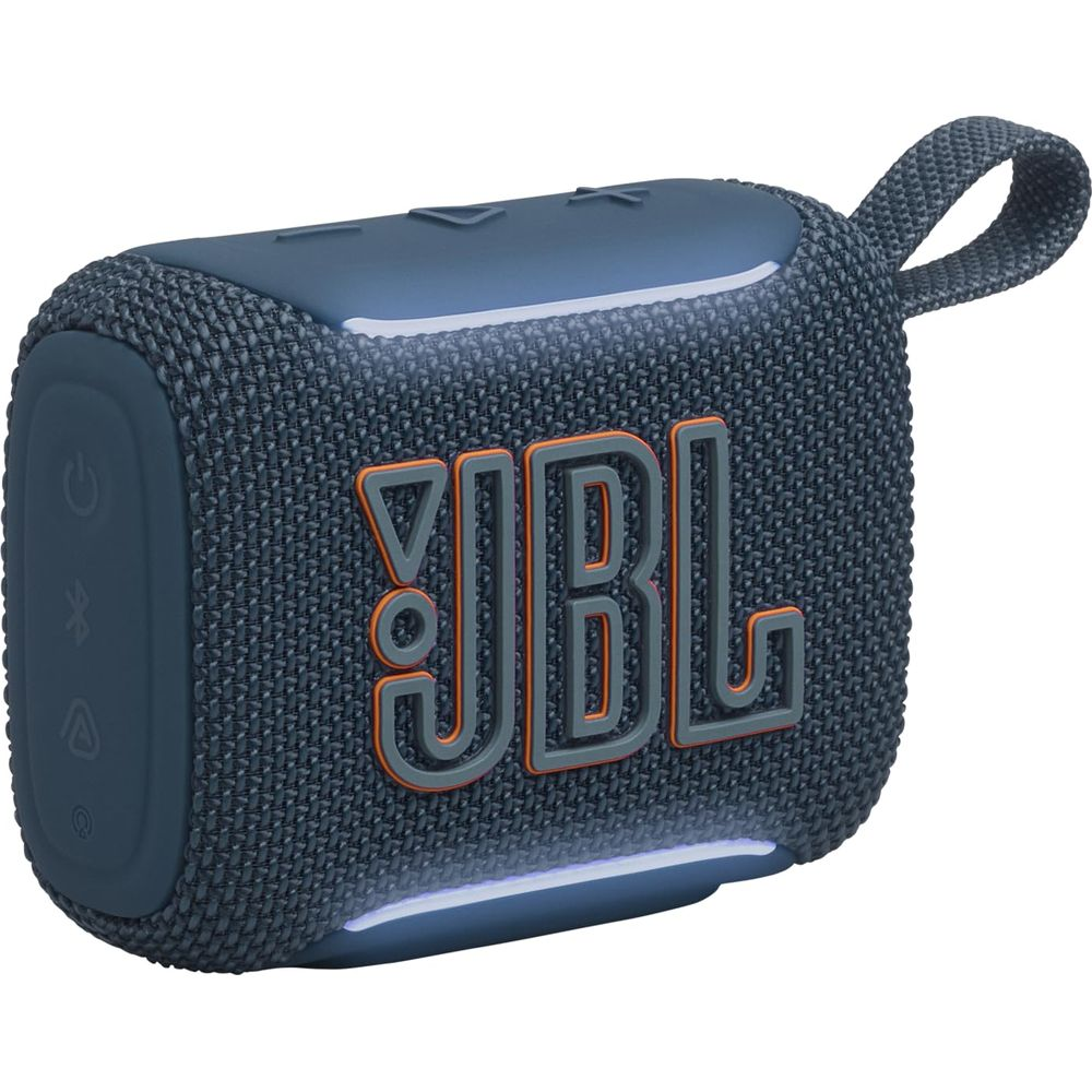 Eine blaue tragbare JBL-Box mit Stoffgitter und orangefarbenem Logo.