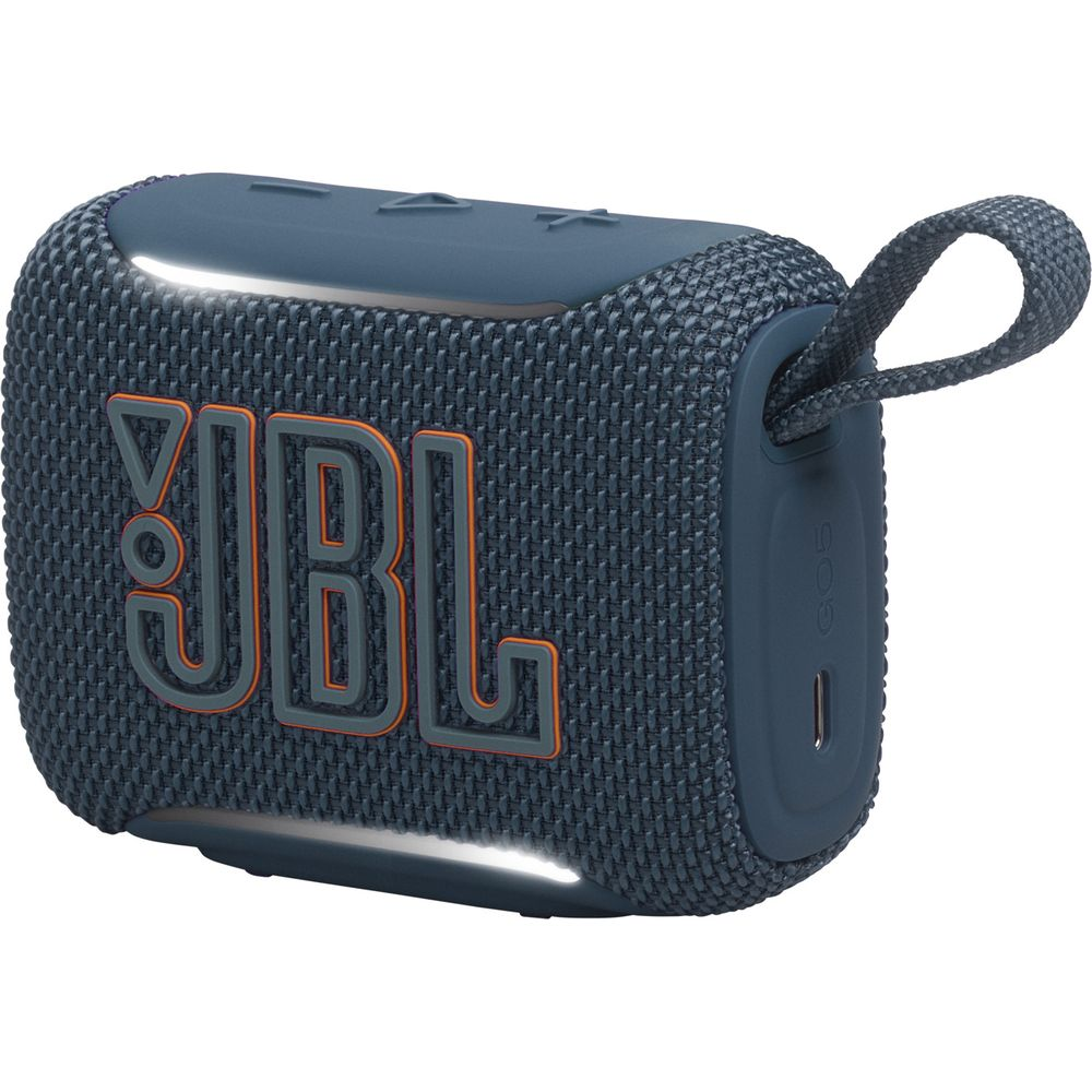 Blauer JBL Lautsprecher mit orangefarbenem Logo und Trageschlaufe.
