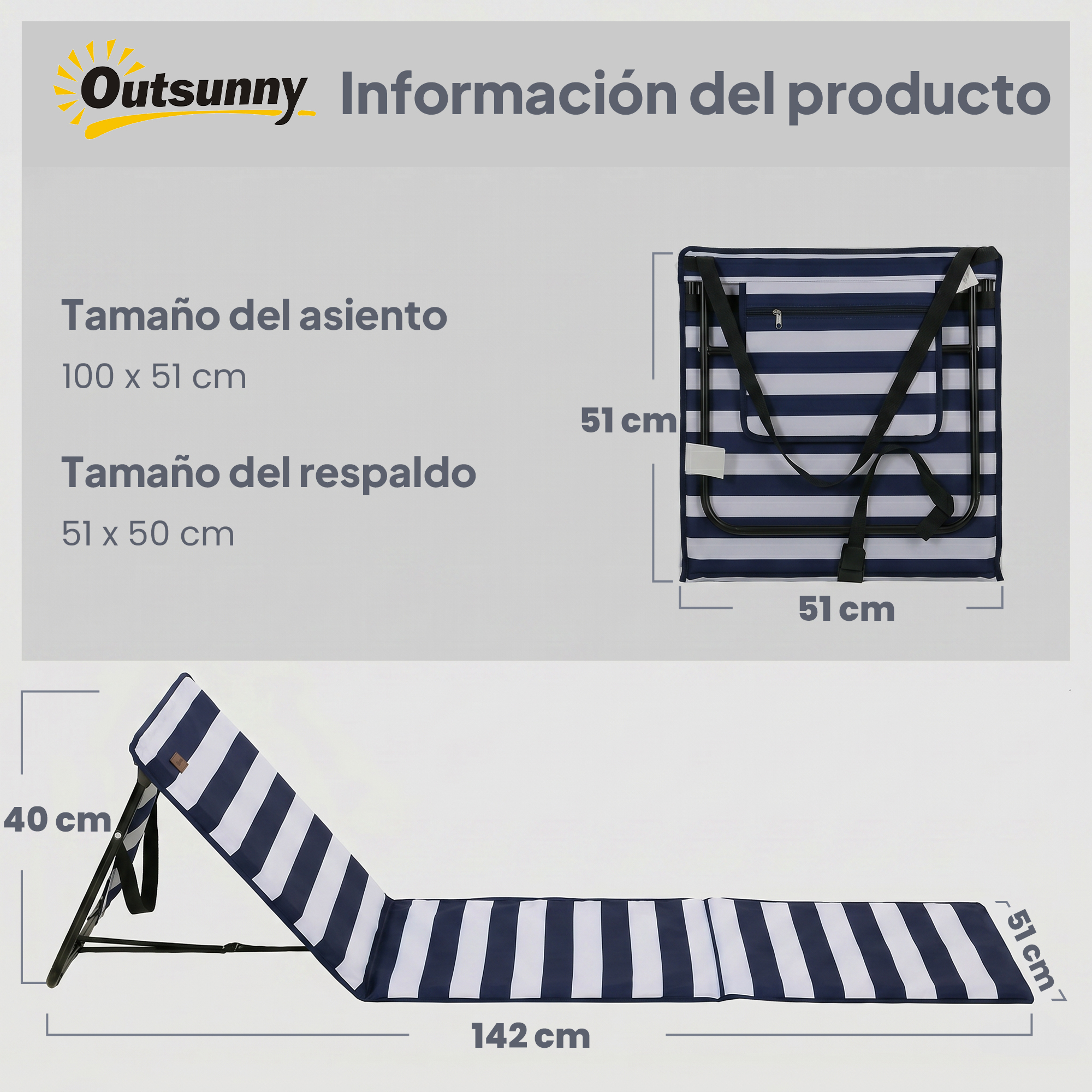 Tumbona plegable de rayas azules y blancas, con dimensiones.