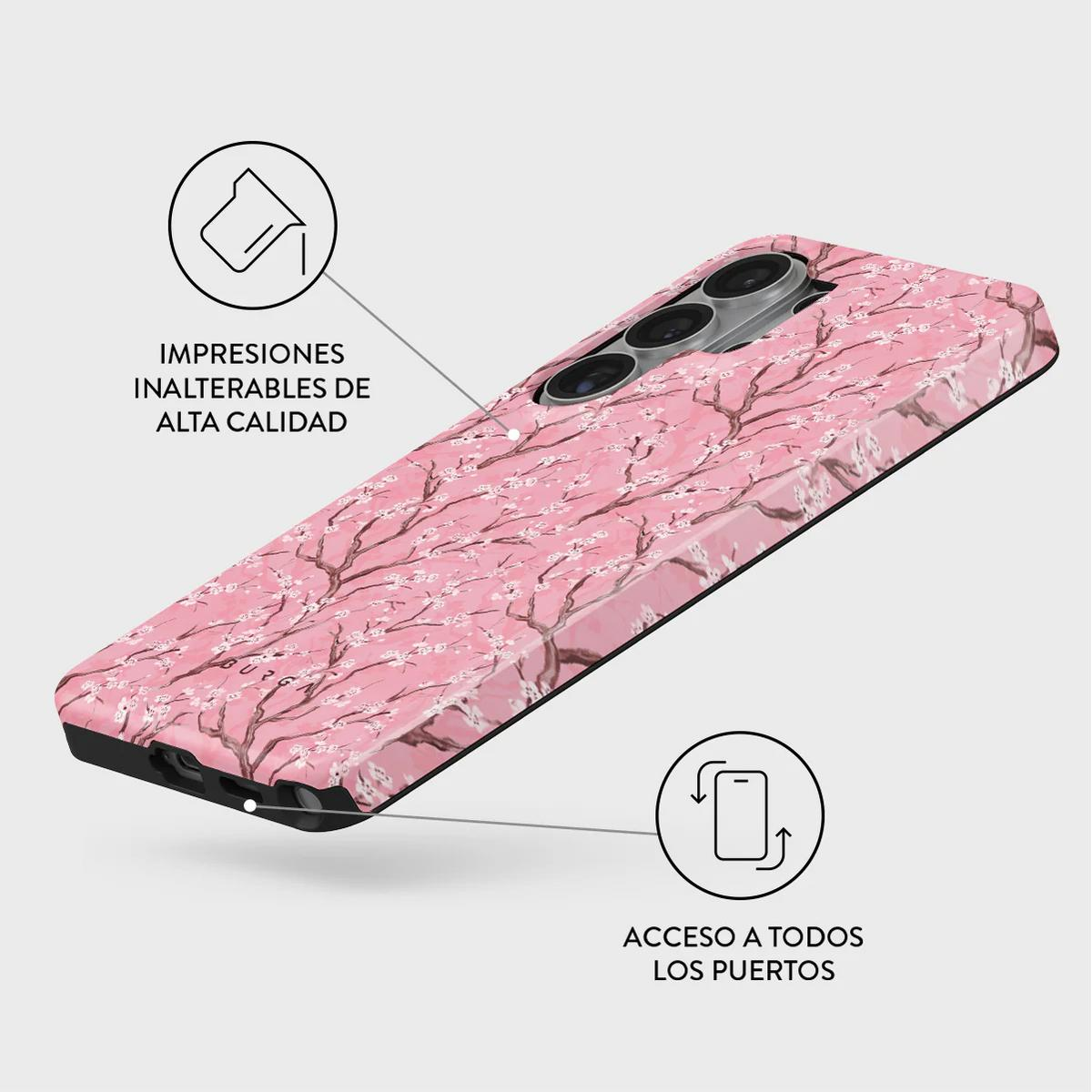 Una funda de teléfono con estampado de flor de cerezo rosa y apertura.