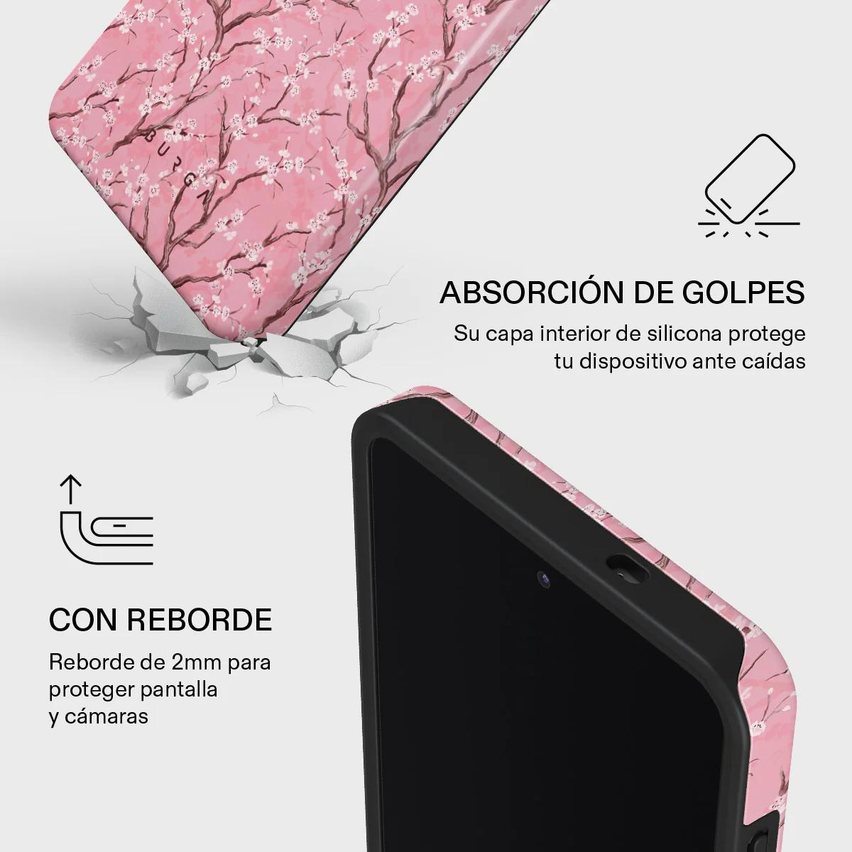 Funda de teléfono con estampado de cerezo, absorbe golpes y borde elevado.