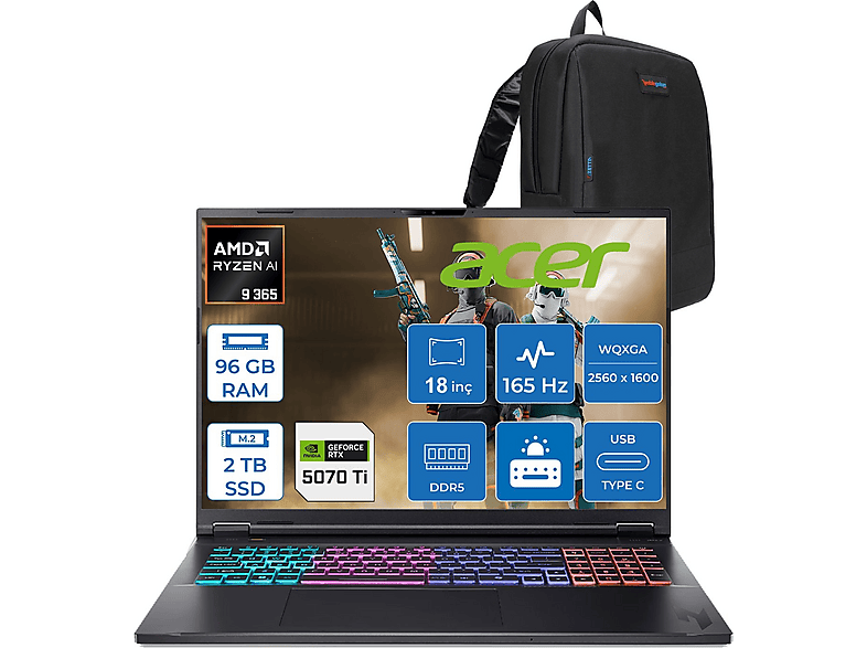 ACER Nitro 18 12GB RTX5070Ti QHD 165Hz Mat NHQYFEY001F31 AMD Ryzen 9 365 96 GB RAM 2 TB SSD 18 inç FreeDOS Laptop+Çanta Siyah