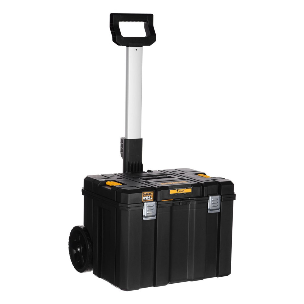 Caja de herramientas negra con ruedas y asa extensible.