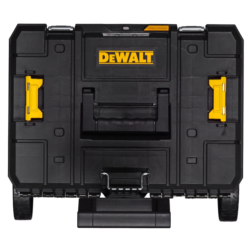 Caja de herramientas DeWalt negra con cierres amarillos y ruedas.