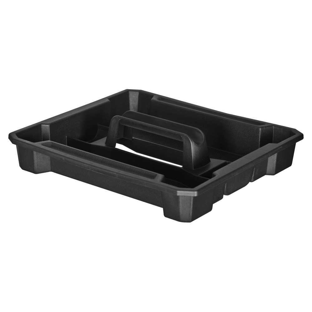 Organizador de herramientas negro con asa y varios compartimentos.