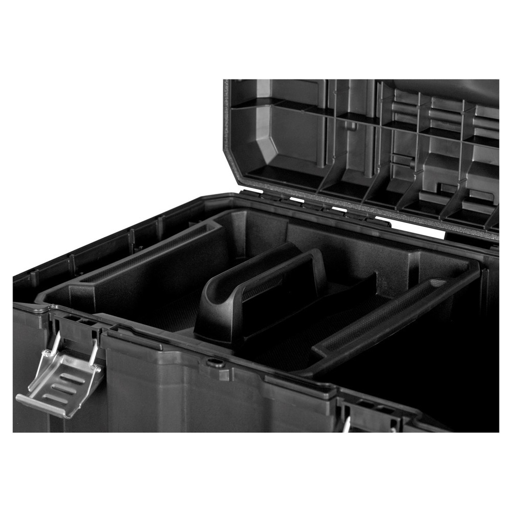 Una caja de herramientas negra con muchos compartimentos y un asa.