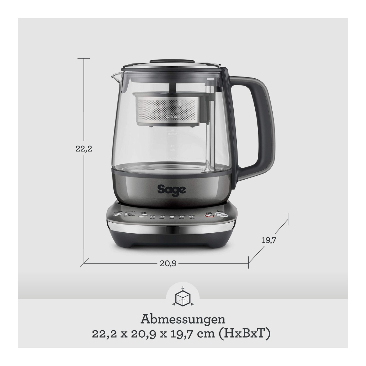 Grauer Wasserkocher von Sage mit Glasbehälter und Teefilter, Maße sind angegeben.