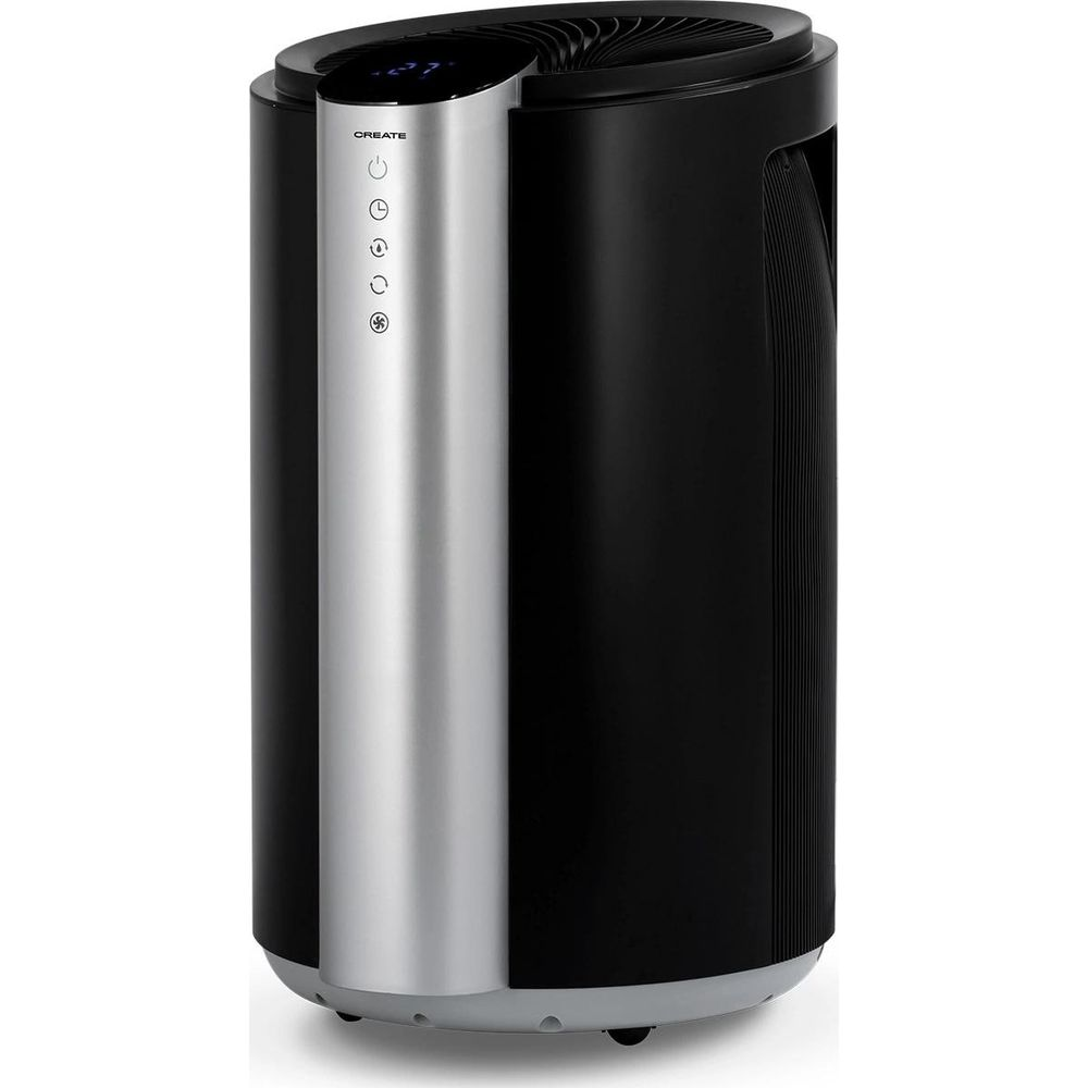 Un purificador de aire alto, negro y plateado con pantalla digital y botones de control.