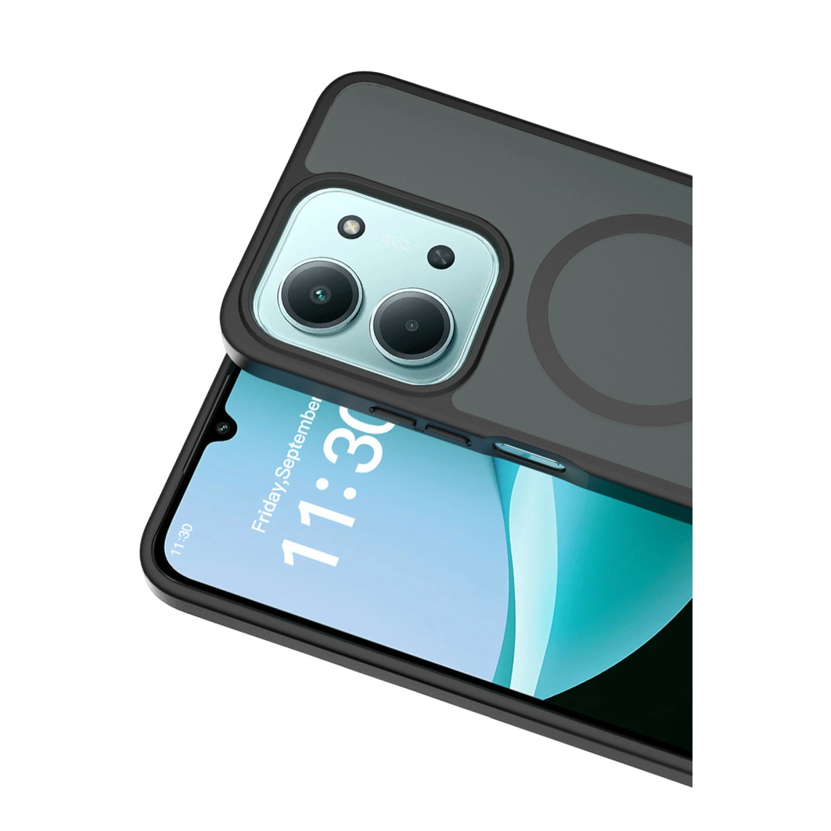 Kamera çıkıntısı ve dairesel manyetik halkalı koyu renkli telefon kılıfı.