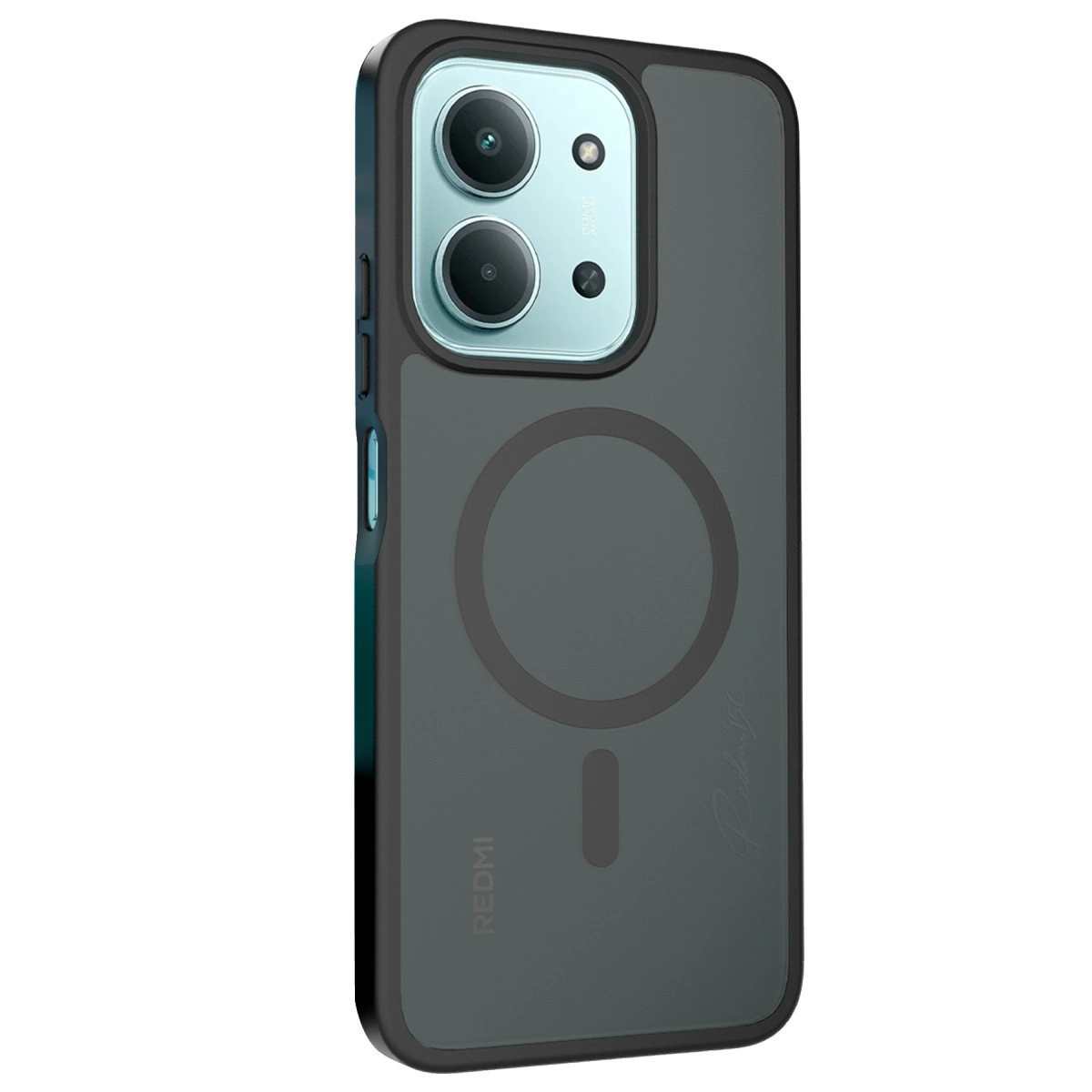 Arkada iki kamera ve manyetik halka bulunan koyu gri telefon.