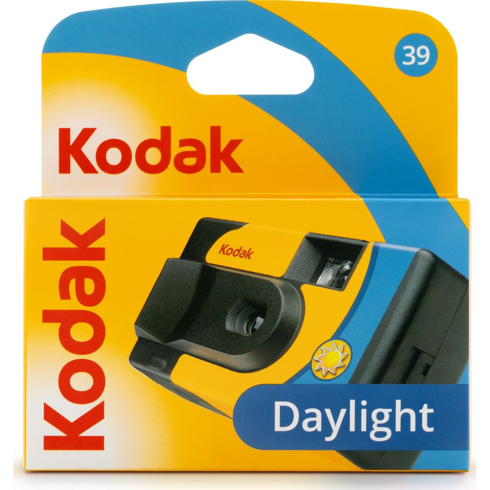 Kodak wegwerpcameraverpakking in geel en blauw, met een camera.