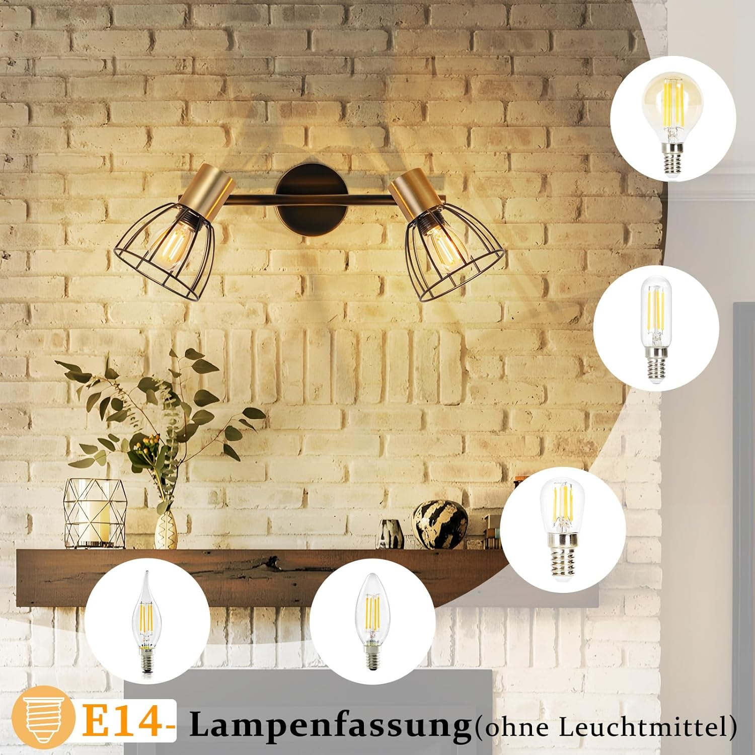 Dwupunktowa lampa ścienna w stylu industrialnym nad gzymsem kominkowym.