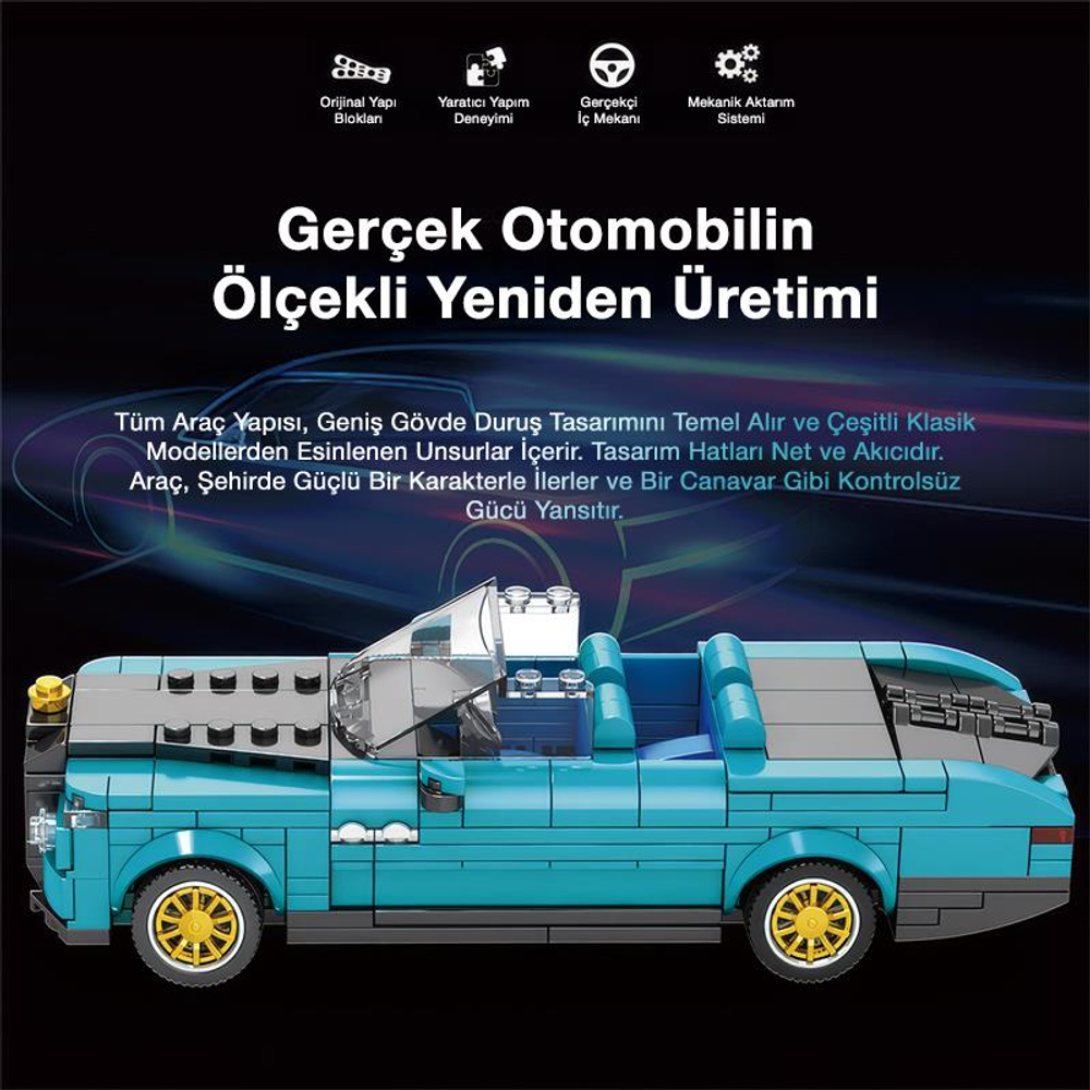 Sarı jantlı mavi Lego araba, stilize edilmiş bir arabanın önünde.