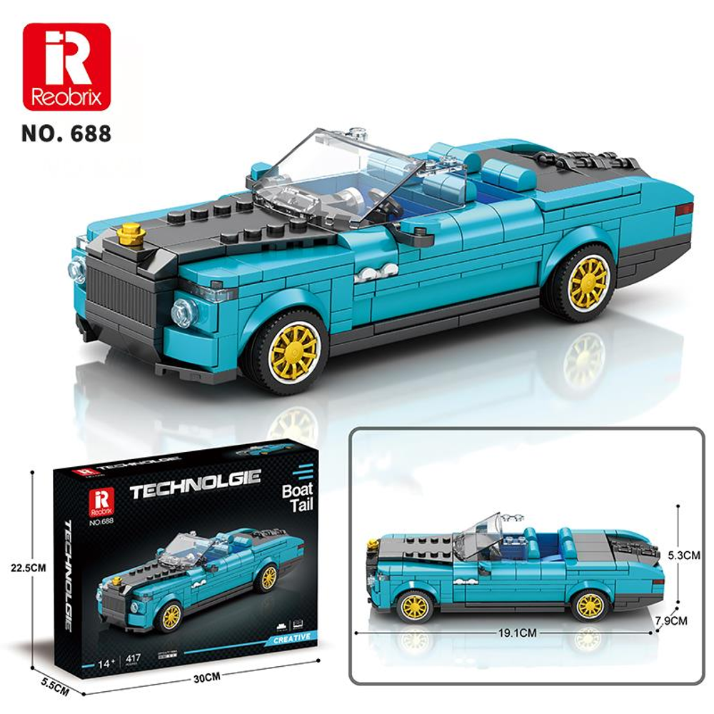 Sarı tekerlekli, mavi, bloklardan yapılmış oyuncak spor cabrio araba.