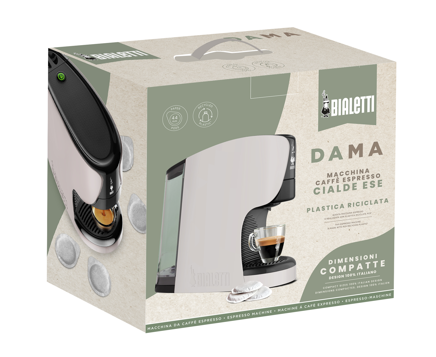 Macchina espresso Bialetti Dama con cialde, bicchiere e serbatoio.