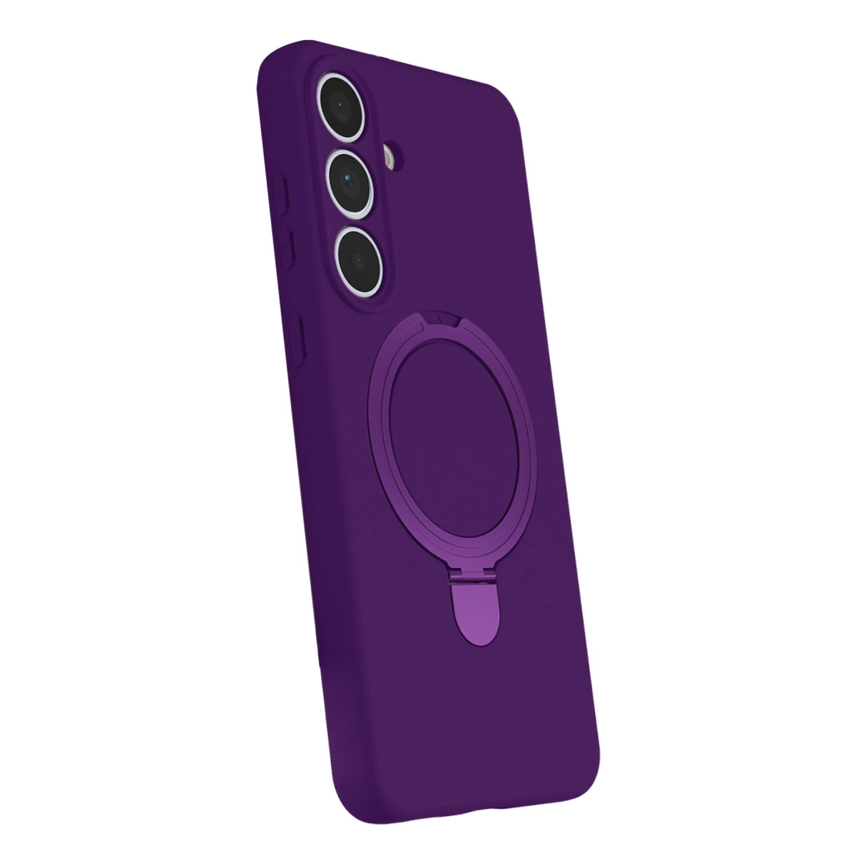 Üç kamera lensli ve halka tutuculu mor telefon kılıfı.