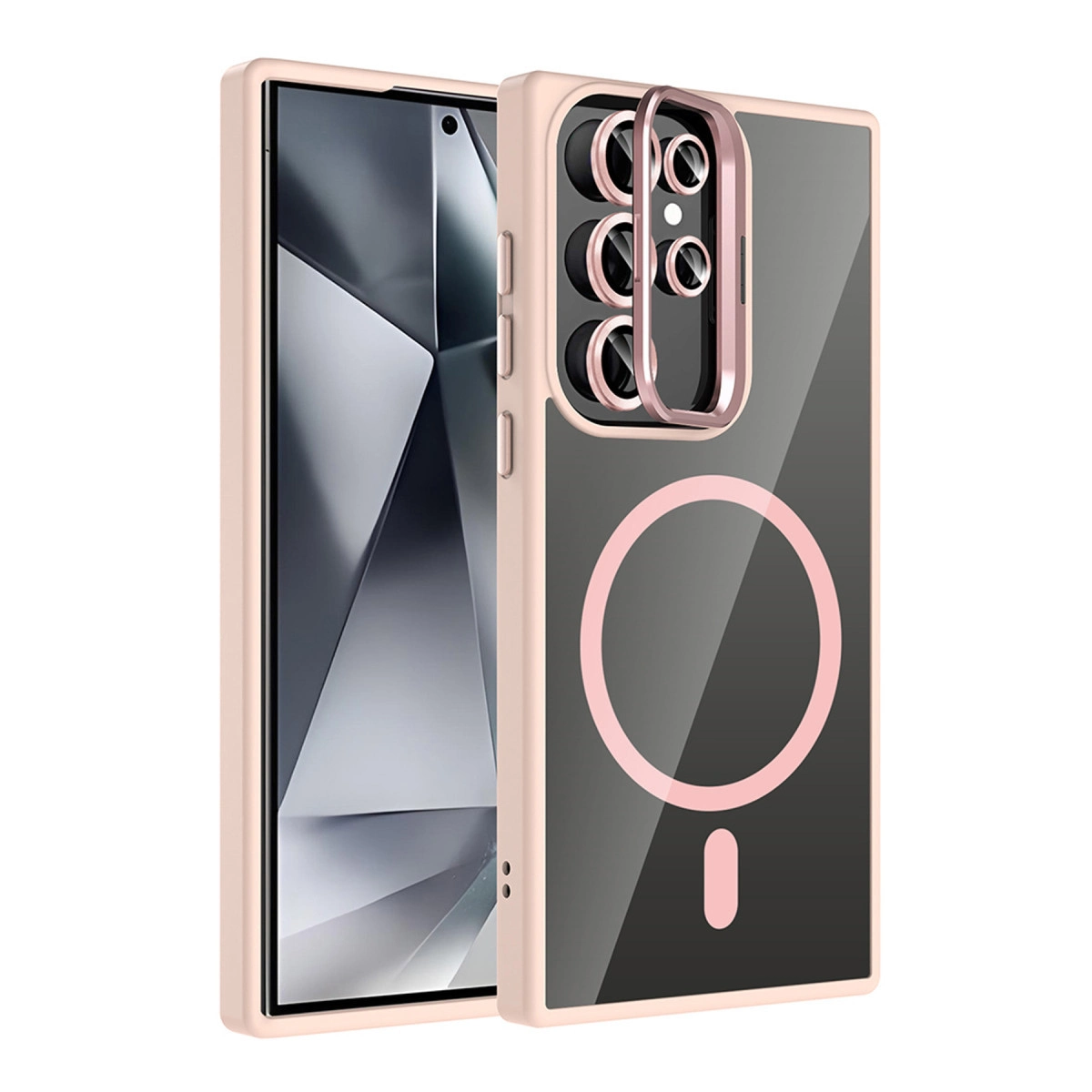 Kamera lens dizisi ve manyetik halka gösteren şeffaf arkalı pembe telefon kılıfı.