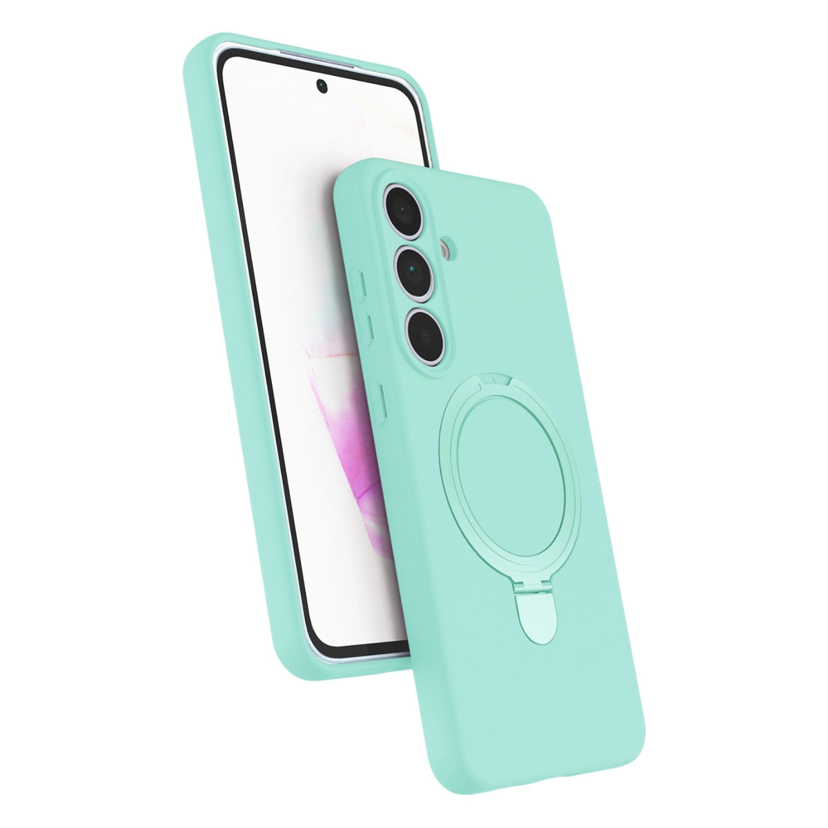 Halka tutuculu ve üç kamera lensli turkuaz telefon kılıfı.
