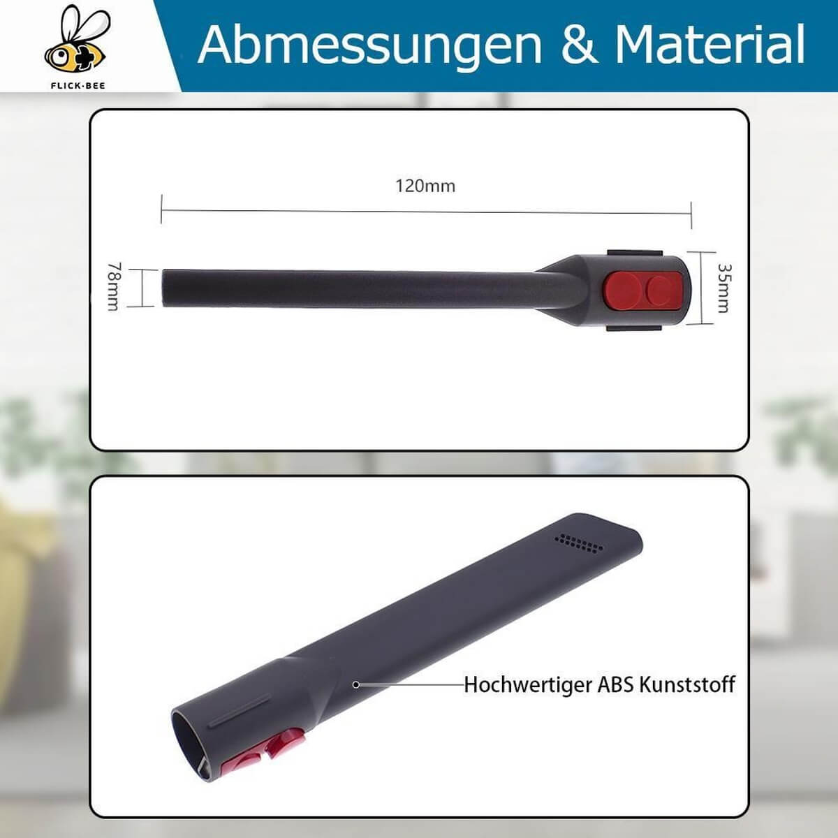 Saugrohr-Aufsatz mit roten Knöpfen und Maßangaben.