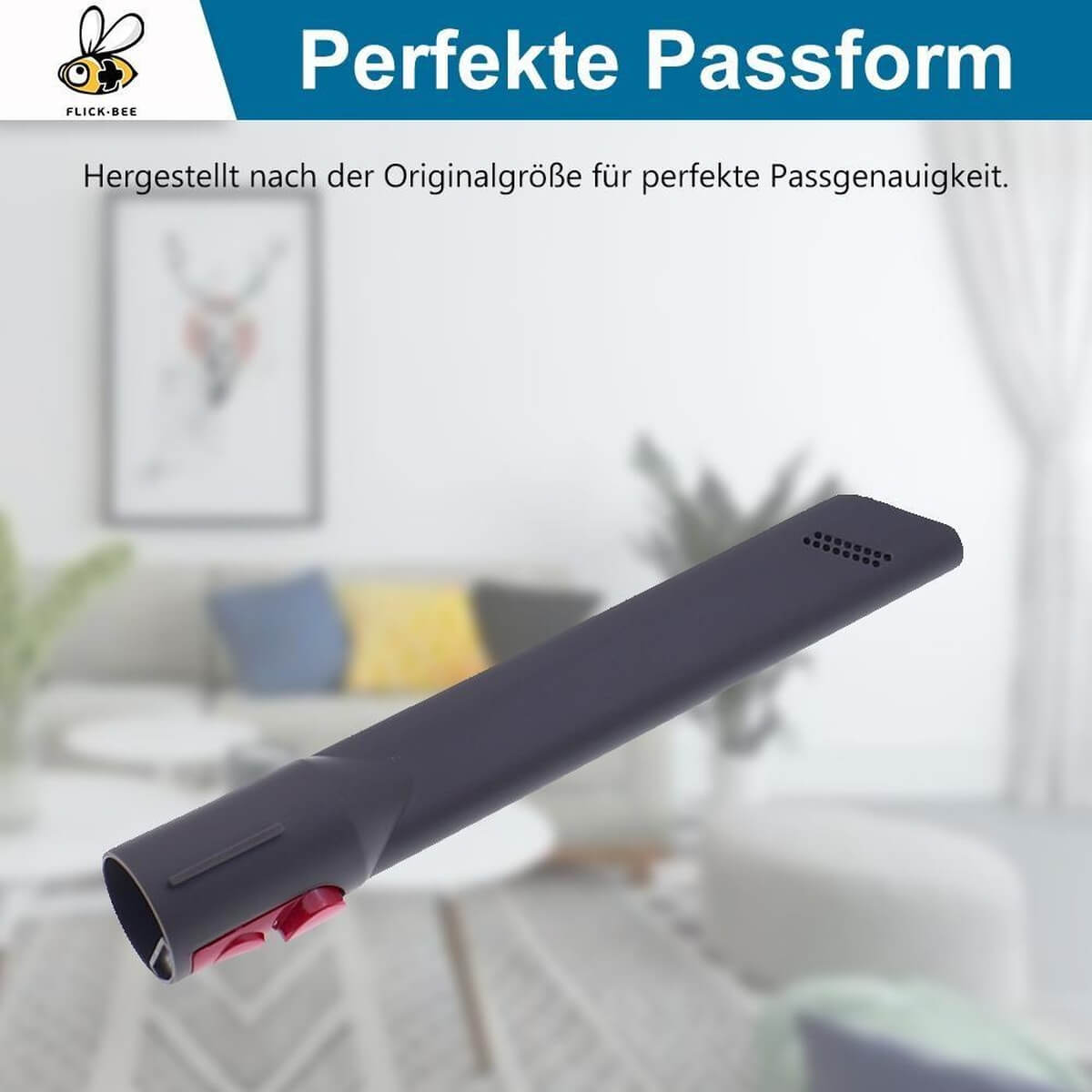 Dunkelgraues Vakuumrohr mit roten Knöpfen, auf unscharfem Hintergrund.