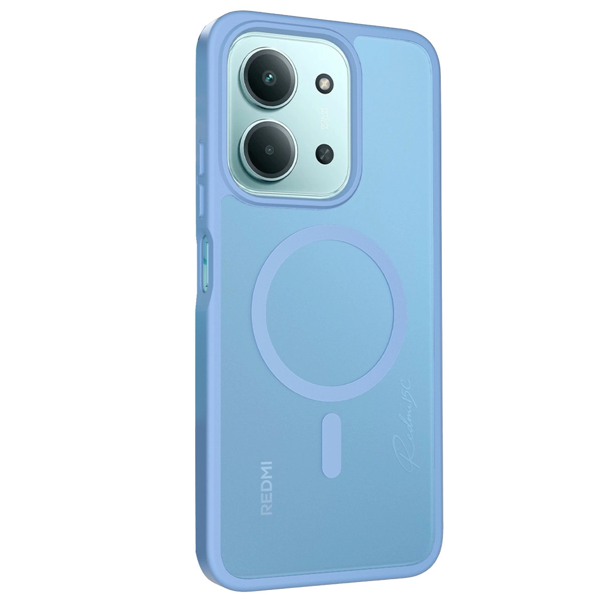 Arkada iki kamerası ve dairesel tasarımı olan açık mavi bir telefon.