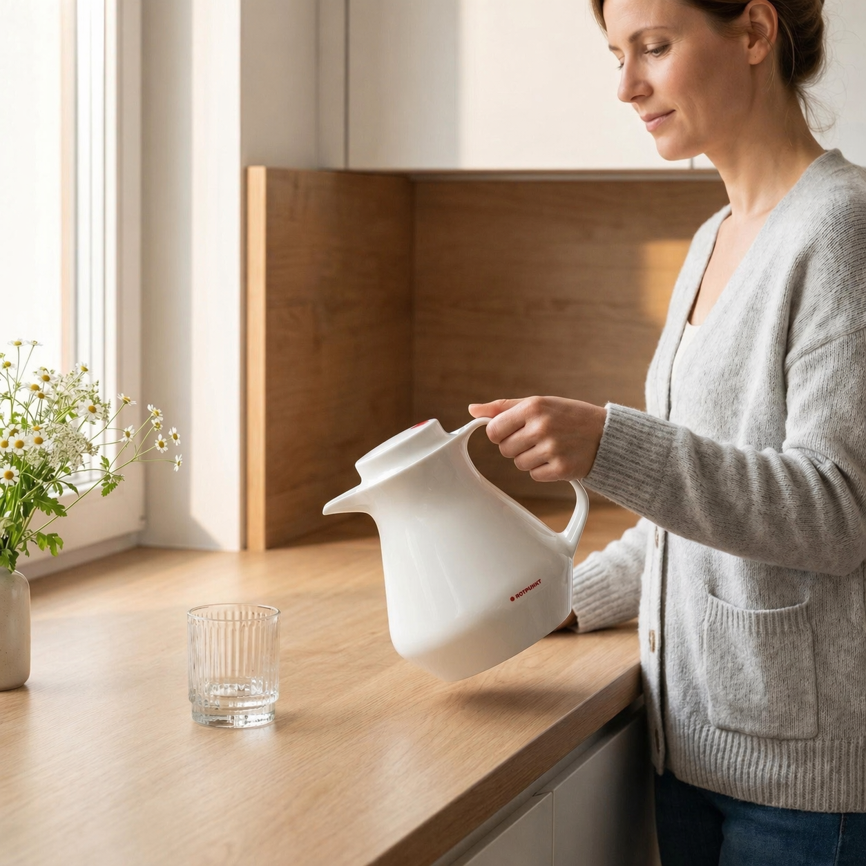 Eine Frau gießt mit einer weißen Kanne in ein Glas auf einem Holztisch.