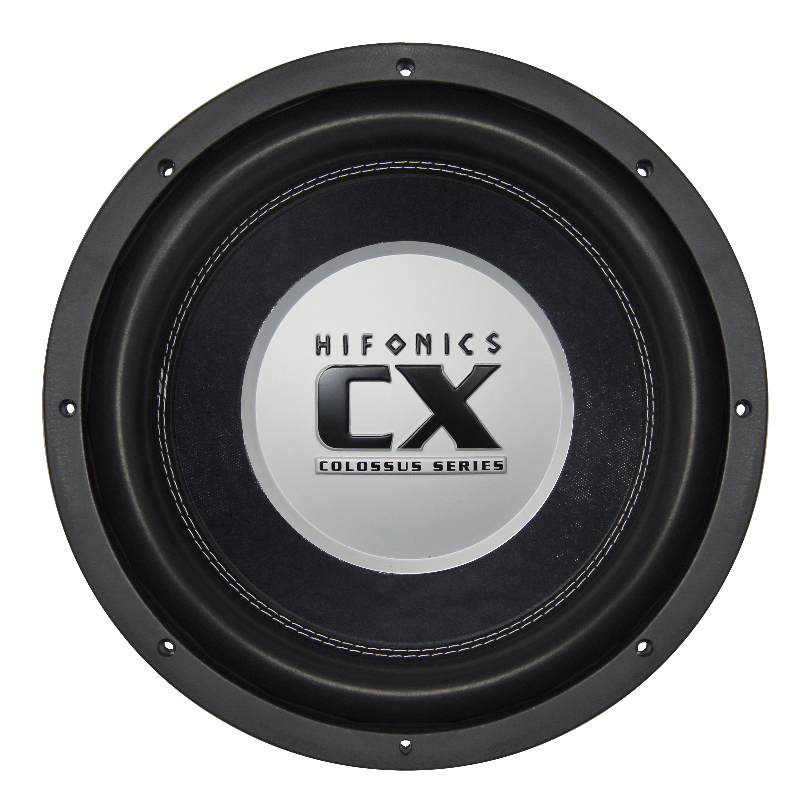 Schwarzer Tieftöner mit silbernem Hifonics CX Colossus Series Logo.