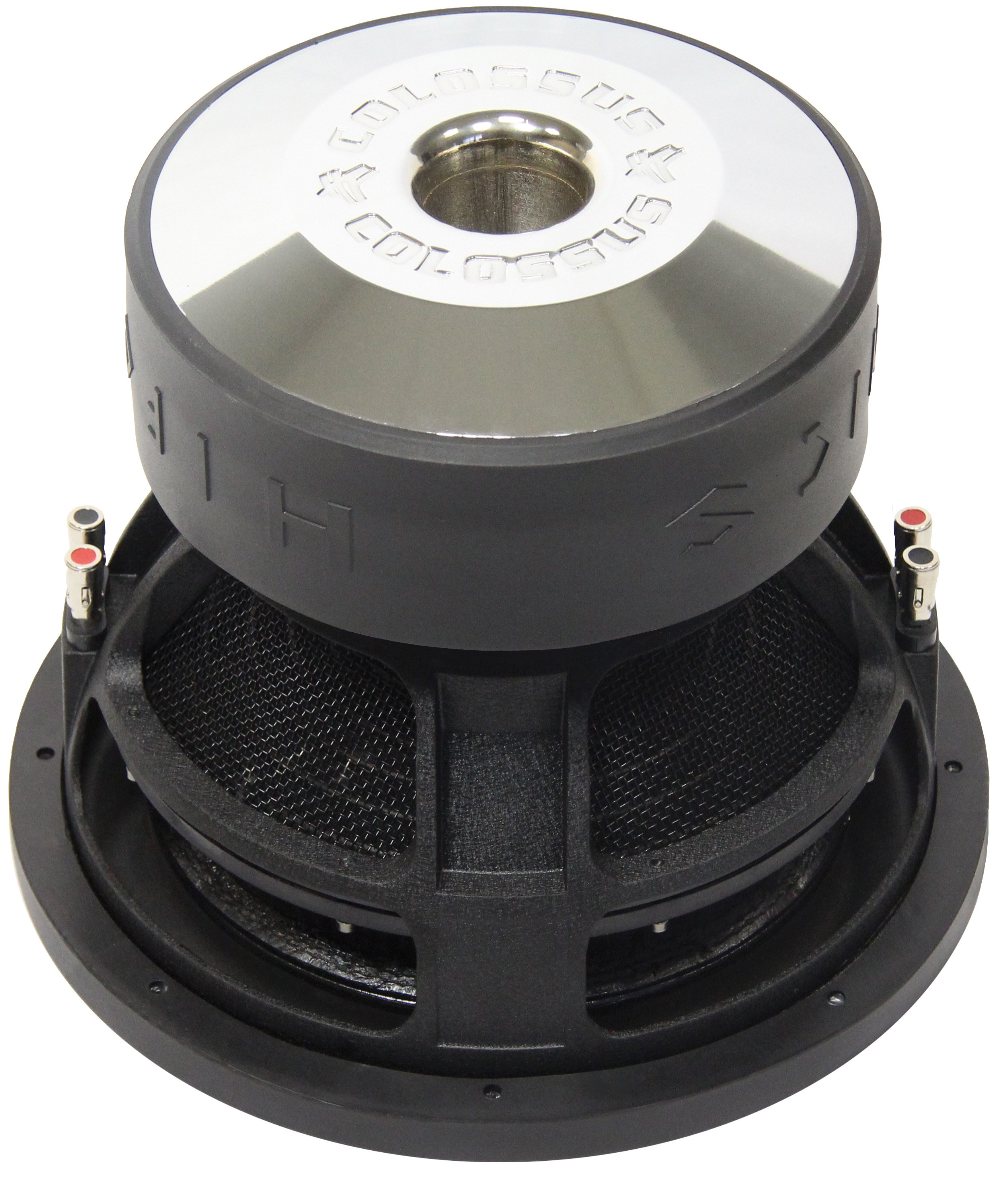 Ein schwarzer Subwoofer mit silbernen Akzenten und Anschlusspunkten.
