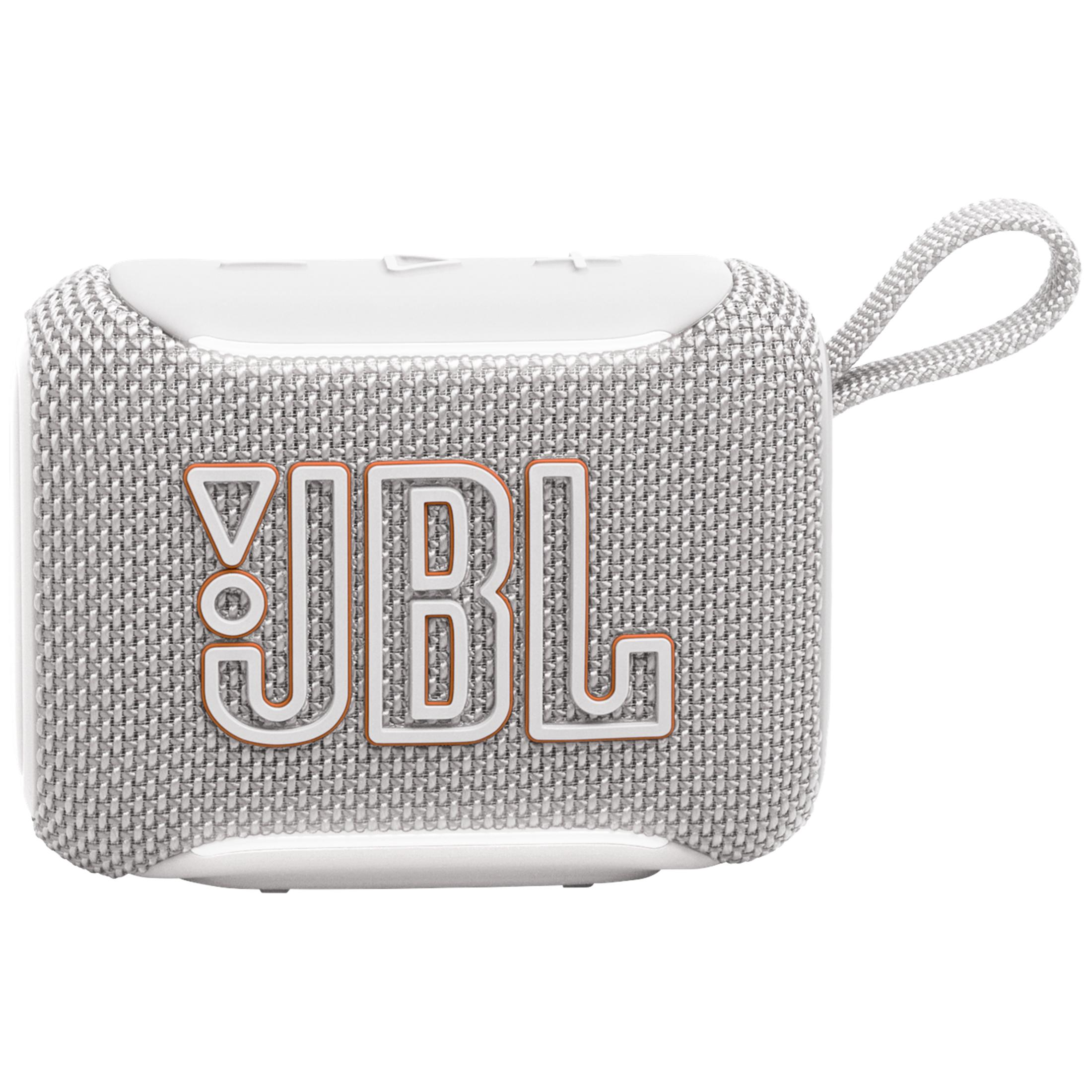 Altavoz JBL port;til blanco con cubierta de tela y asa.